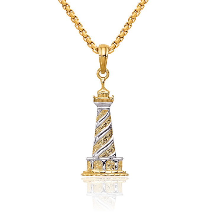 14K Solid Yellow Gold Cape Hatteras Lighthouse Necklace Chain Pendant Charm