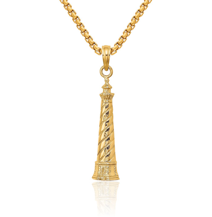 14K Solid Yellow Gold Cape Hatteras Lighthouse Necklace Chain Pendant Charm