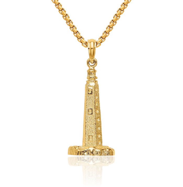 14K Solid Yellow Gold Cape Henlopen Lighthouse De Necklace Chain Pendant Charm