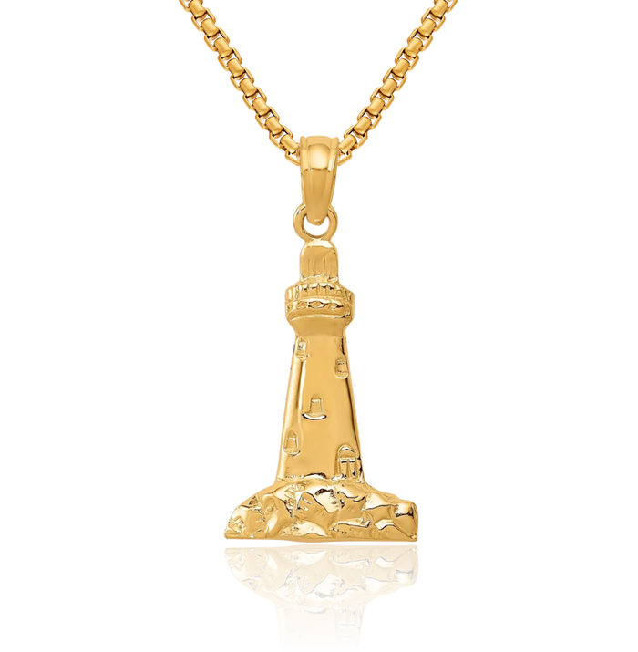 14K Solid Yellow Gold Cape Lighthouse Necklace Chain Pendant Charm May Birthstone Jewelry