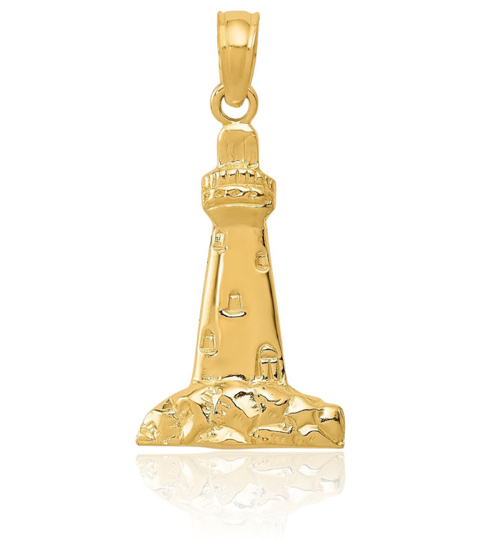 14K Solid Yellow Gold Cape Lighthouse Necklace Chain Pendant Charm May Birthstone Jewelry