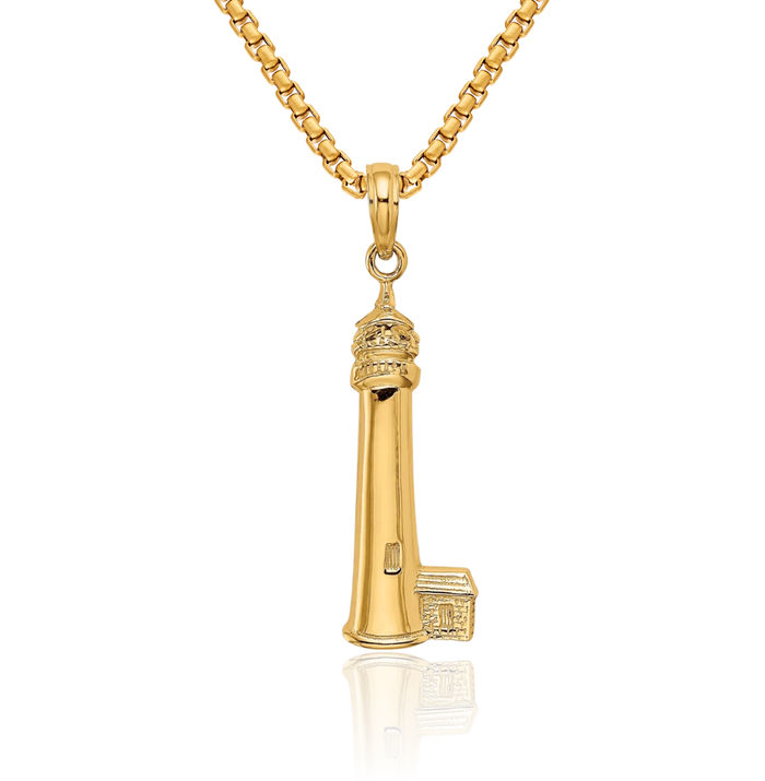 14K Solid Yellow Gold Cape Lighthouse Necklace Chain Pendant Charm