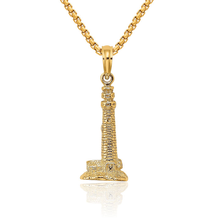 14K Solid Yellow Gold Cape Nj Lighthouse Necklace Chain Pendant Charm