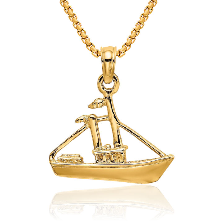 14K Solid Yellow Gold Cargo Ship Tug Boat Necklace Chain Pendant Charm