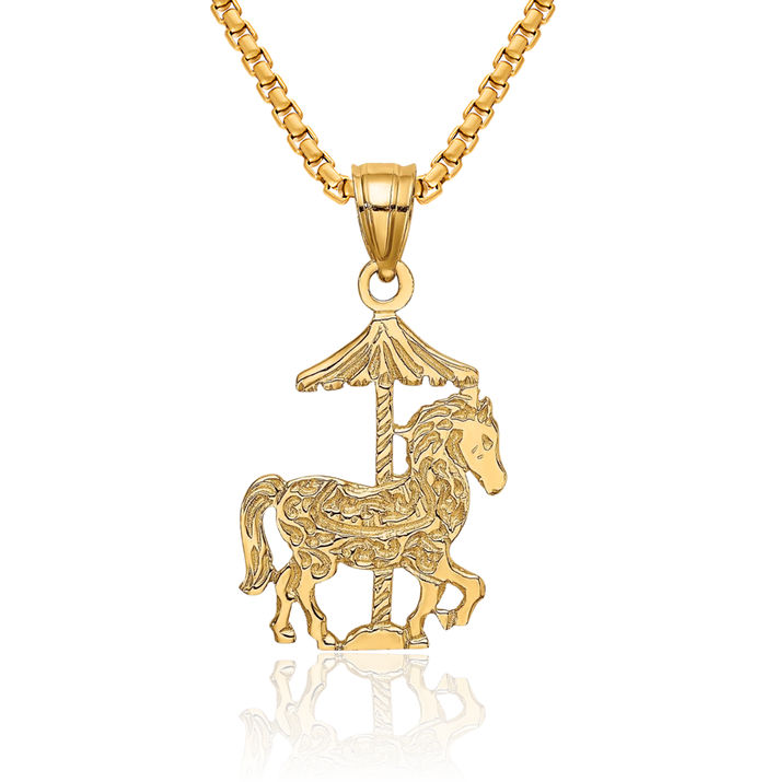 14K Solid Yellow Gold Carousel Horse Head Necklace Animal Lover Pendant Equestrian Charm