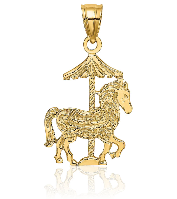 14K Solid Yellow Gold Carousel Horse Head Necklace Animal Lover Pendant Equestrian Charm