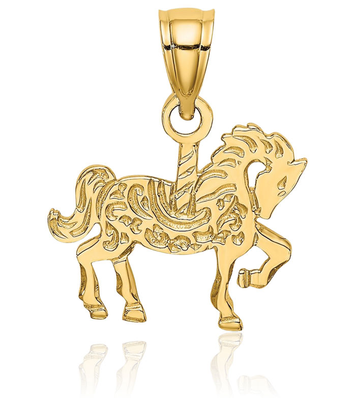 14K Solid Yellow Gold Carousel Horse Head Necklace Animal Lover Pendant Equestrian Charm