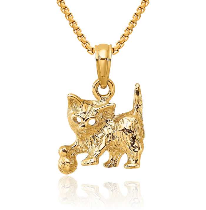 14K Solid Yellow Gold Cat Ball Necklace Chain Pendant Charm