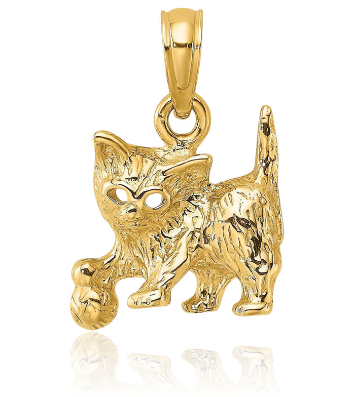 14K Solid Yellow Gold Cat Ball Necklace Chain Pendant Charm