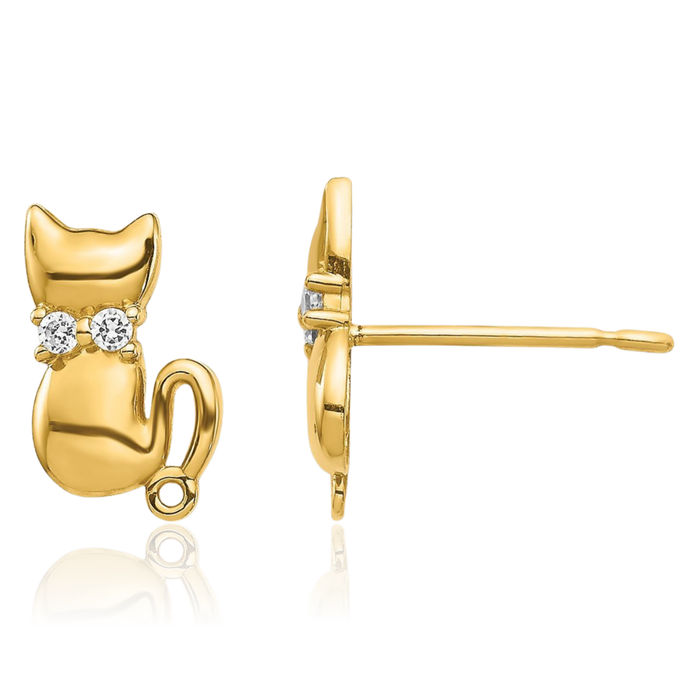 14K Solid Yellow Gold Cat Cubic Zirconia CZ Bowtie Stud Earrings