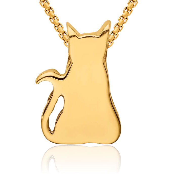 14K Solid Yellow Gold Cat Floating Chain Slide Pendant Necklace Charm