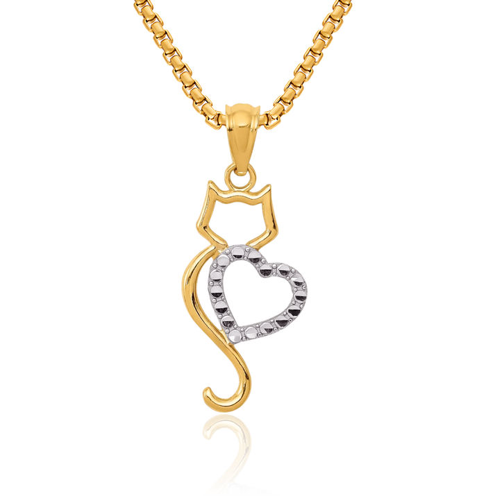 14K Solid Yellow Gold Cat Heart Necklace Love Pendant Charm
