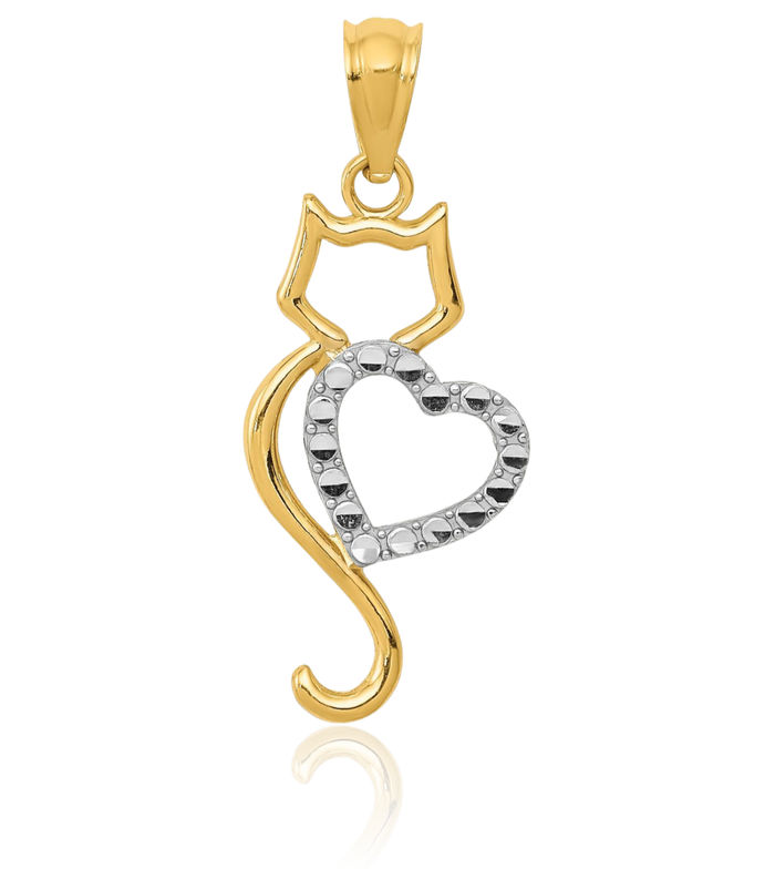 14K Solid Yellow Gold Cat Heart Necklace Love Pendant Charm