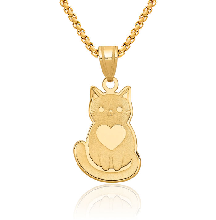 14K Solid Yellow Gold Cat Heart Necklace Love Pendant Charm