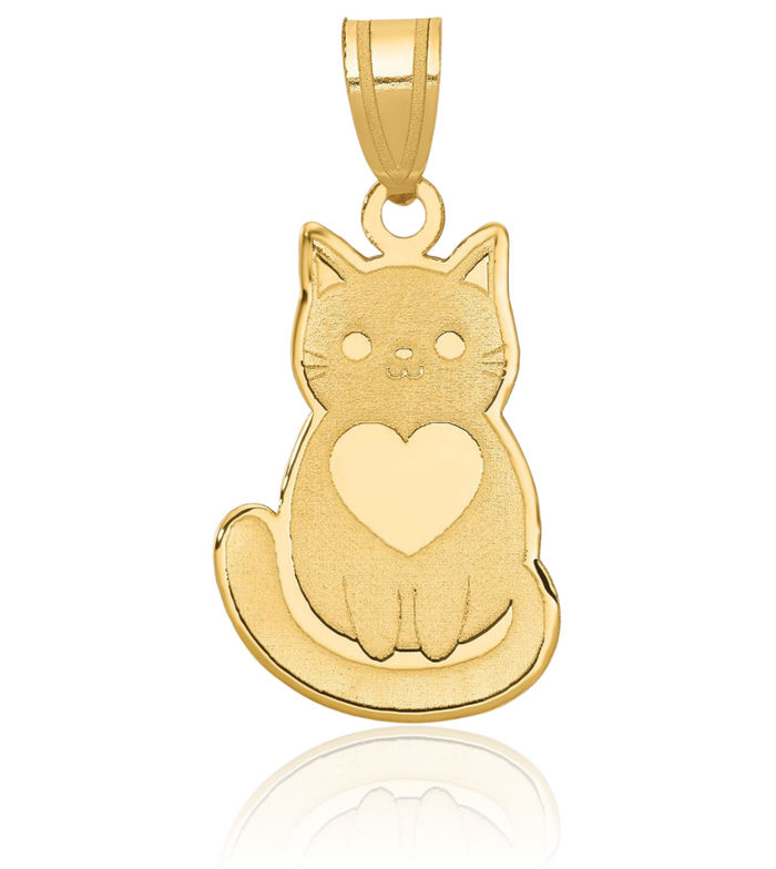 14K Solid Yellow Gold Cat Heart Necklace Love Pendant Charm