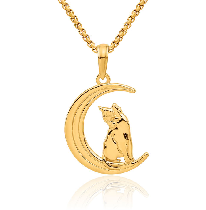 14K Solid Yellow Gold Cat Crescent Moon Necklace Chain Pendant Charm Celestial Jewelry