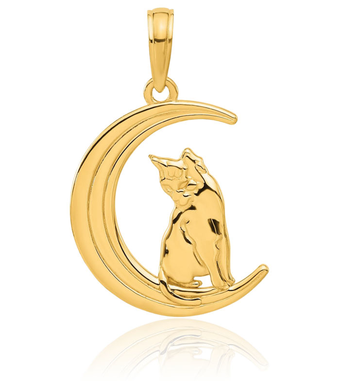 14K Solid Yellow Gold Cat Crescent Moon Necklace Chain Pendant Charm Celestial Jewelry