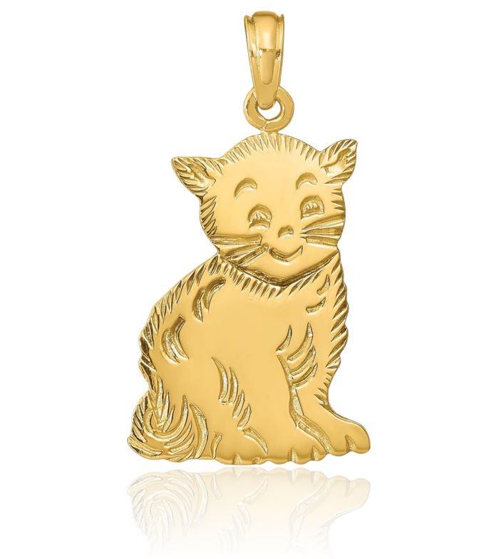 14K Solid Yellow Gold Cat Necklace Chain Pendant Charm