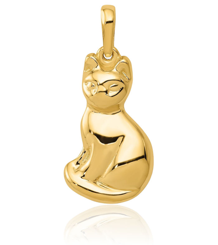 14K Solid Yellow Gold Cat Necklace Chain Pendant Charm