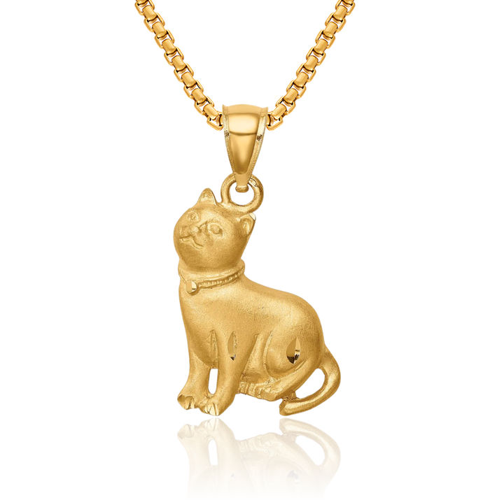 14K Solid Yellow Gold Cat Necklace Chain Pendant Charm