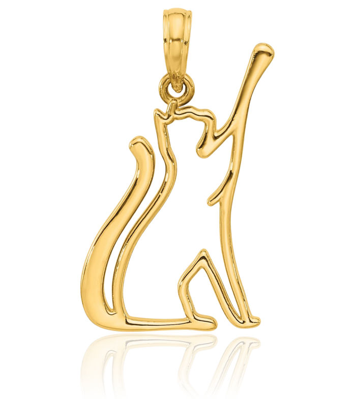 14K Solid Yellow Gold Cat Reaching Necklace Chain Pendant Charm