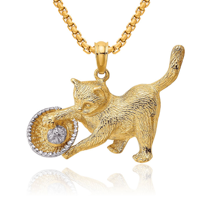 14K Solid Yellow Gold Cat Yarn Basket Necklace Chain Pendant Charm