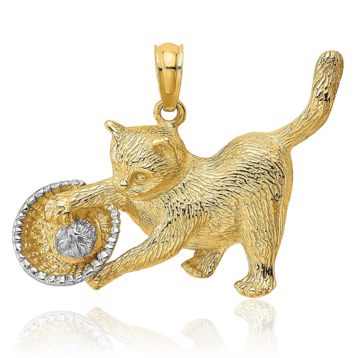 14K Solid Yellow Gold Cat Yarn Basket Necklace Chain Pendant Charm