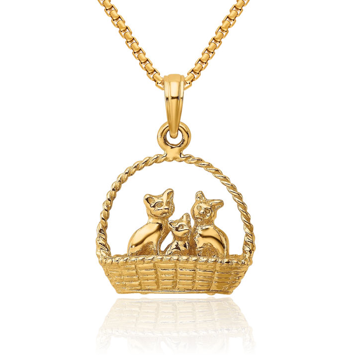 14K Solid Yellow Gold Cats of Basket Necklace Chain Pendant Charm