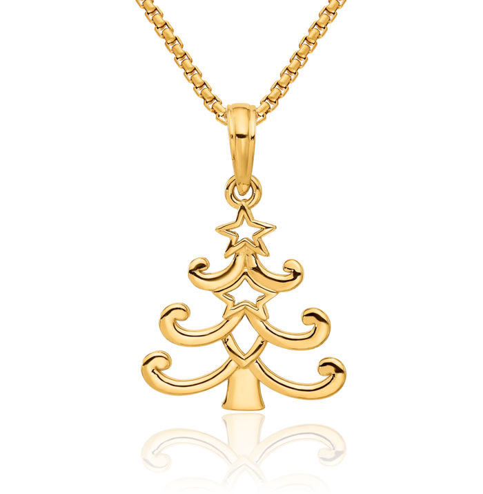 14K Solid Yellow Gold Christmas Tree Necklace Chain Pendant Charm