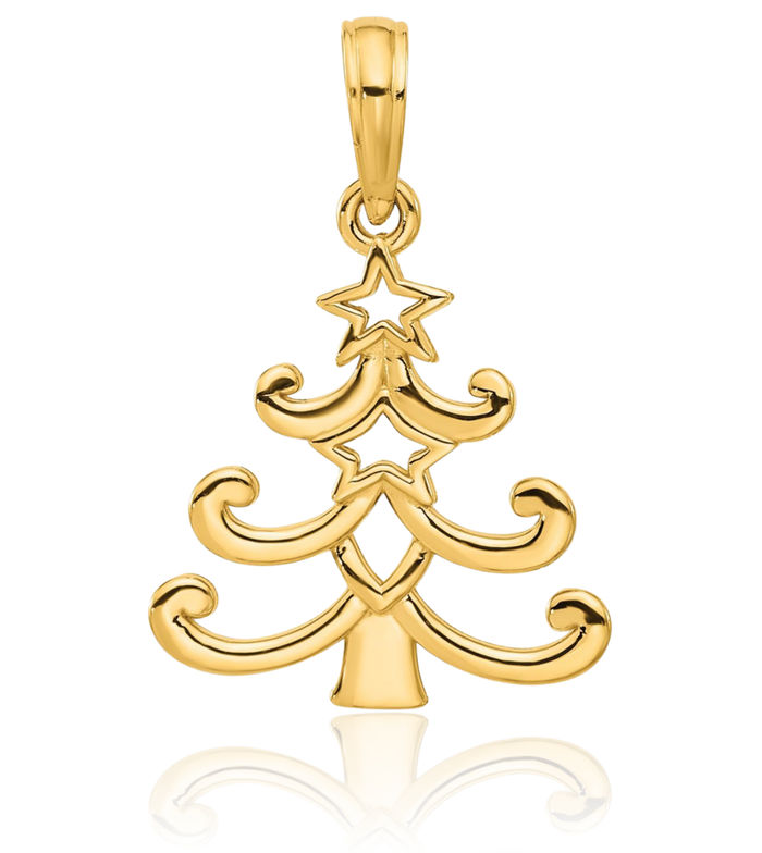 14K Solid Yellow Gold Christmas Tree Necklace Chain Pendant Charm