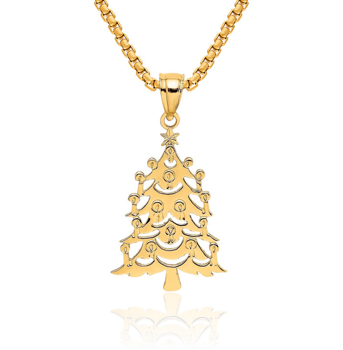 14K Solid Yellow Gold Christmas Tree Necklace Chain Pendant Charm