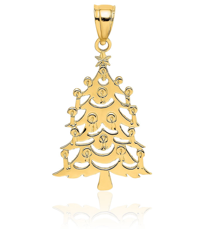 14K Solid Yellow Gold Christmas Tree Necklace Chain Pendant Charm