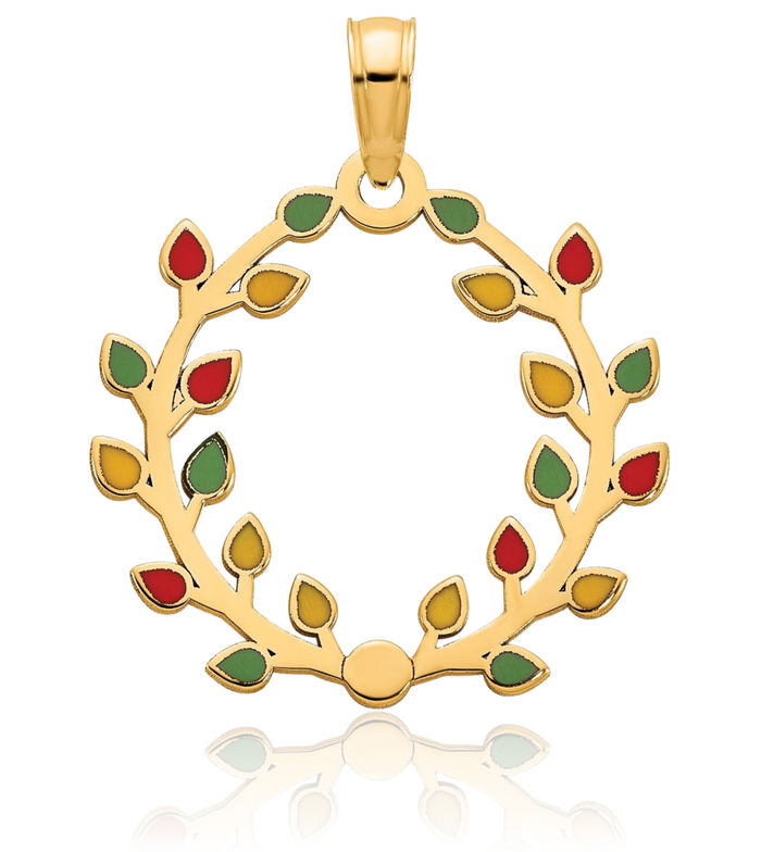14K Solid Yellow Gold Christmas Wreath Necklace Chain Pendant Charm