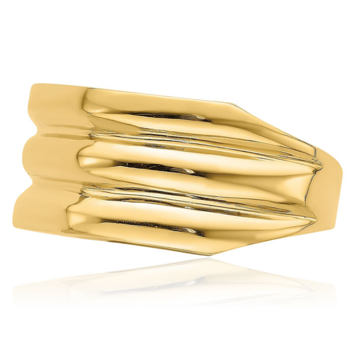 14K Solid Yellow Gold Triple Ridge Chunky Dome Statement Ring