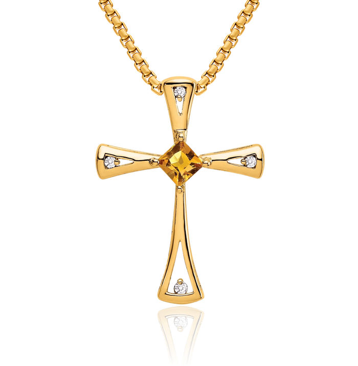 14K Solid Yellow Gold Orange Citrine Diamond Holy Cross Floating Chain Slide Pendant Necklace Religious Jesus Christ Charm