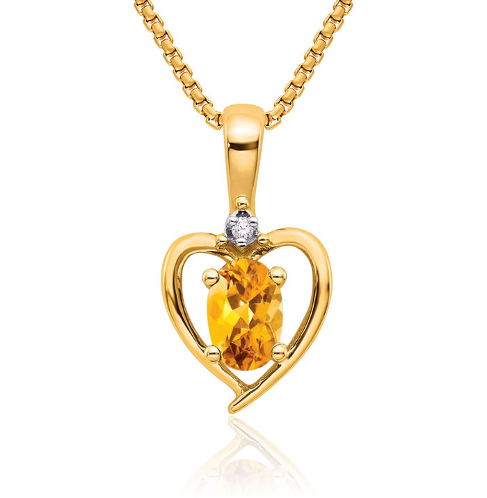 14K Solid Yellow Gold Orange Citrine Diamond Heart Necklace Gemstone Pendant Charm April November Birthstone Jewelry