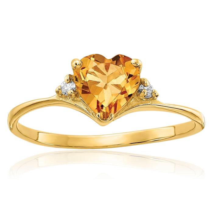 14K Solid Yellow Gold Orange Citrine Diamond Heart Ring Gemstone Love Band November Birthstone Jewelry