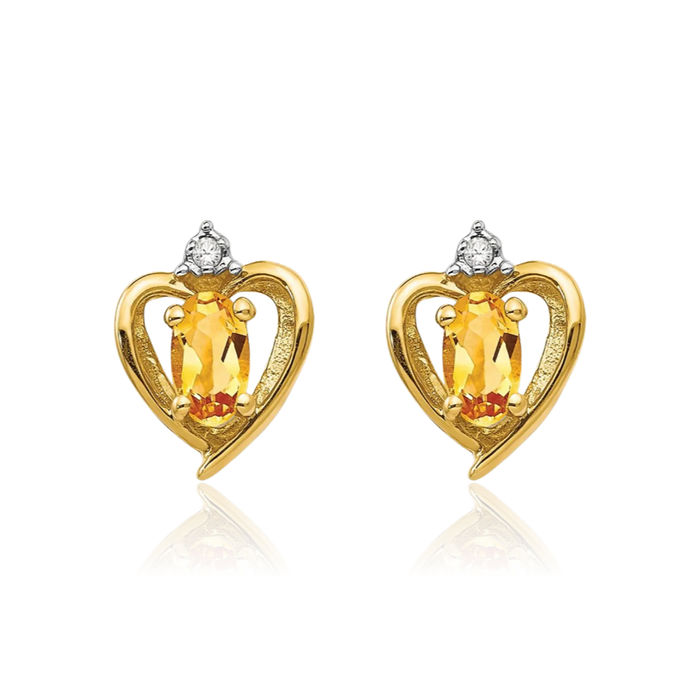 14K Solid Yellow Gold Orange Citrine Diamond Heart Stud Earrings November Birthstone Jewelry