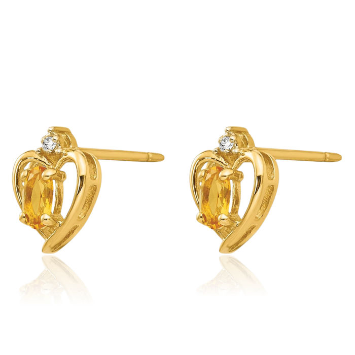 14K Solid Yellow Gold Orange Citrine Diamond Heart Stud Earrings November Birthstone Jewelry