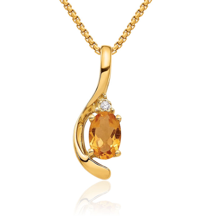 14K Solid Yellow Gold Orange Citrine Diamond Necklace Gemstone Pendant Charm April November Birthstone Jewelry