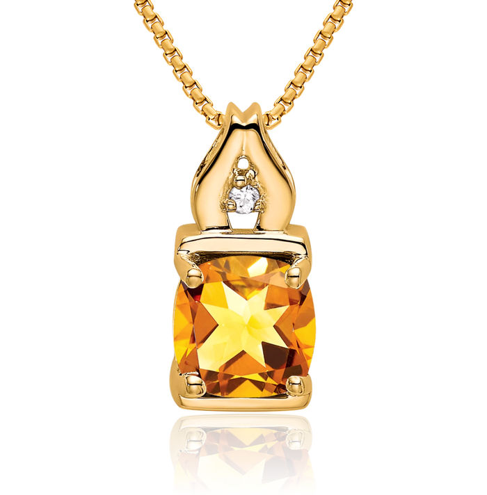 14K Solid Yellow Gold Orange Citrine Diamond Necklace Charm Gemstone Pendant