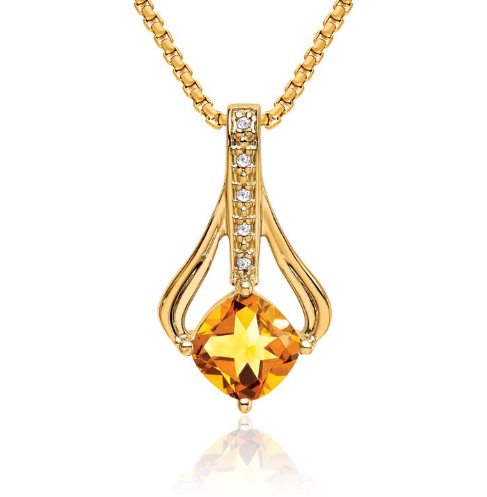 14K Solid Yellow Gold Orange Citrine Diamond Necklace Charm Gemstone Pendant