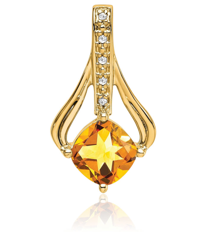 14K Solid Yellow Gold Orange Citrine Diamond Necklace Charm Gemstone Pendant