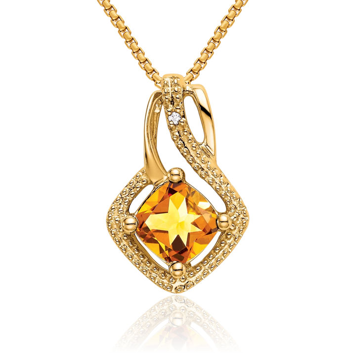 14K Solid Yellow Gold Orange Citrine Diamond Necklace Charm Gemstone Pendant