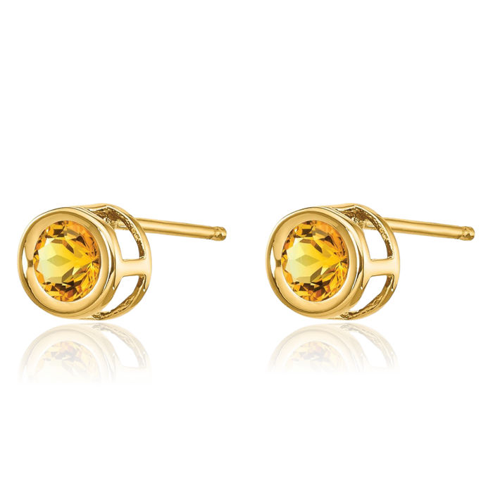 14K Solid Yellow Gold Orange Citrine Studs Gemstone Solitaire Earrings November Birthstone Jewelry