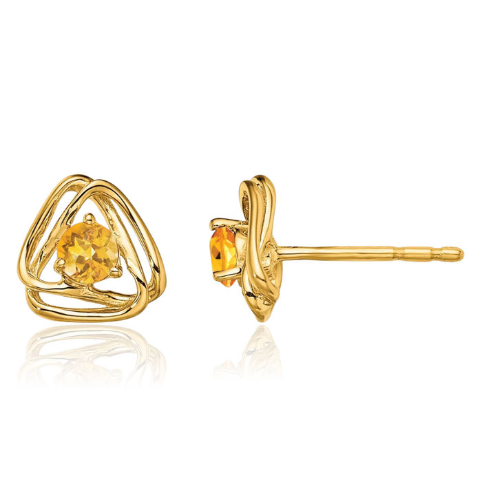 14K Solid Yellow Gold Orange Citrine Stud Earrings November Birthstone Jewelry