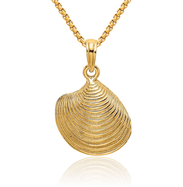 14K Solid Yellow Gold Clam Shell Necklace Chain Pendant Charm