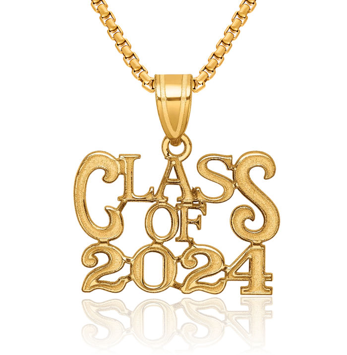 14K Solid Yellow Gold Class of 2024 Graduation Necklace Chain Pendant Charm