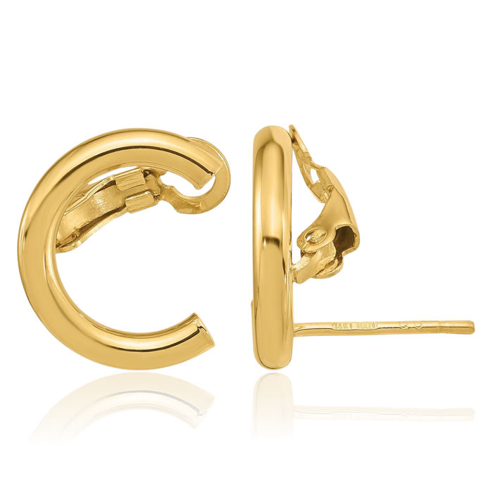 14K Solid Yellow Gold Clip On Drop Dangle Stud Earrings