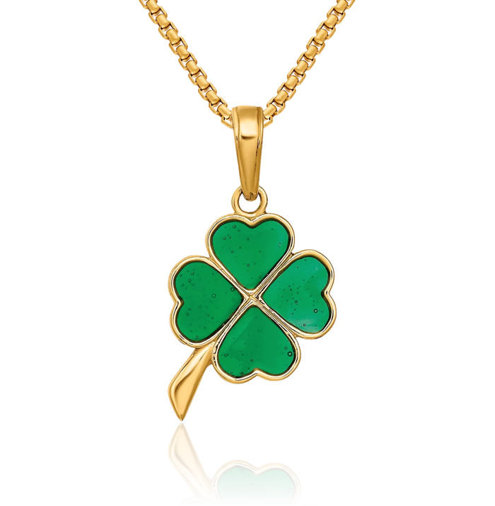 14K Solid Yellow Gold 4 Leaf Lucky Clover Shamrock Flower Necklace Chain Pendant Charm